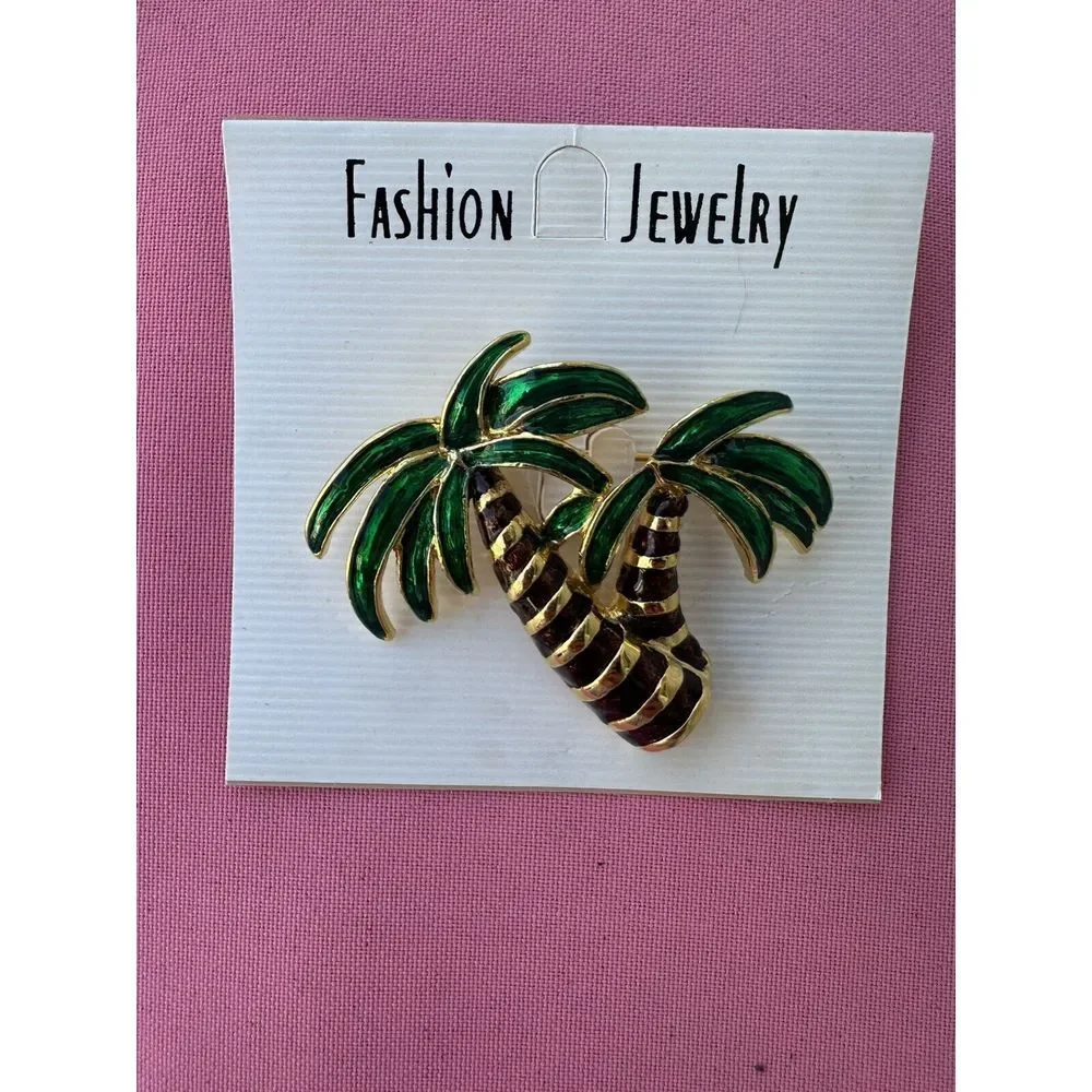 Vintage 1980s Gold Tone Enamel Palm Tree Brooch 2